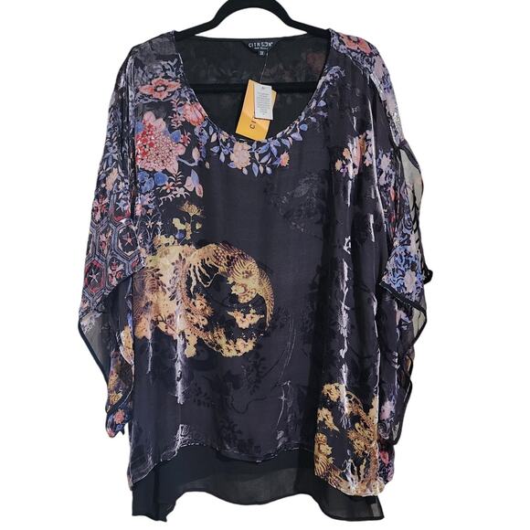 Citron Santa Monica Collection Tops - NWT Womens CITRON Silk Black Gold Pink Floral Design Short Kimono Sleeve Size 1X